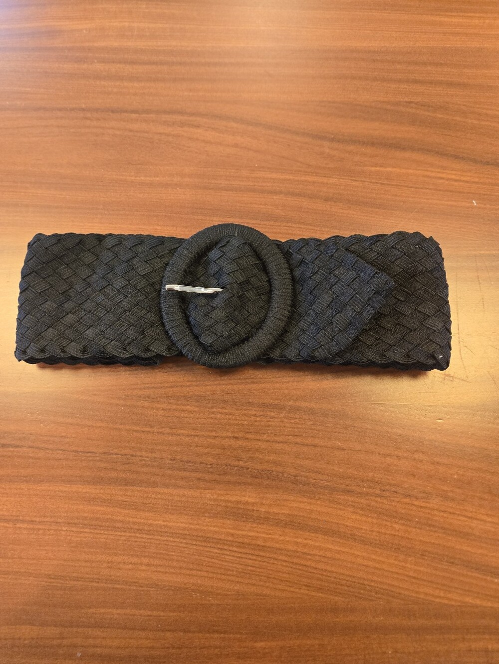 Black Braided Elastic Waist Belt with Round Buckle